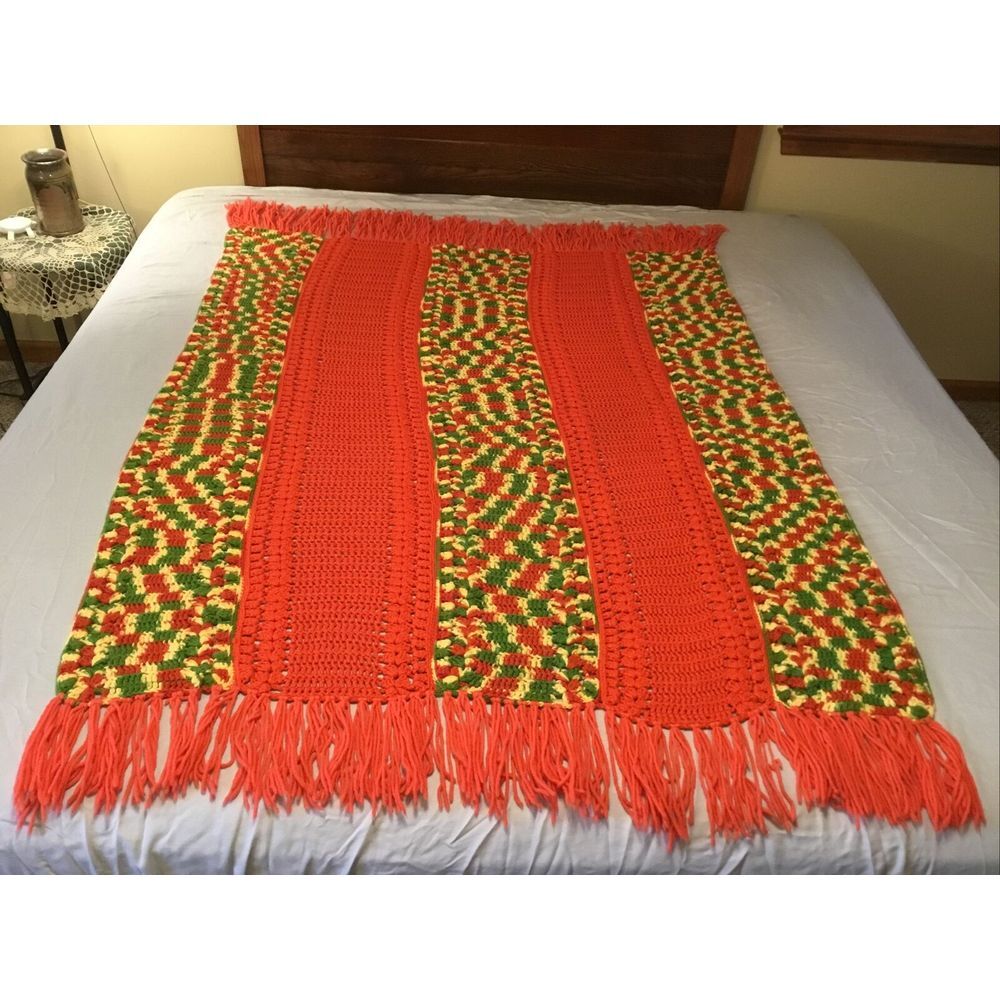 Vintage handmade Crochet afghan Throw couch Sofa blanket Orange 58X48